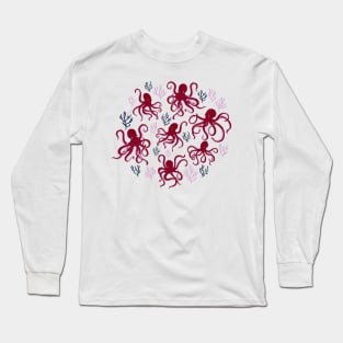 Freckled Octopus and Coral in Red, Mauve and Black Long Sleeve T-Shirt